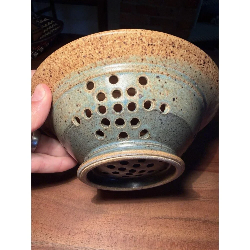 Paul Latos signed Speckled Ceramic Colander Berry Bowl, Tan/Blue, 8 in Diameter